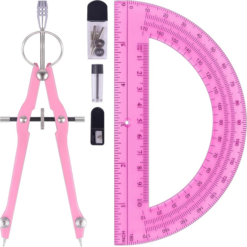 Unjoo Compass and Protractor Set, Professional Drawing Compass Tool, Metal Compass with Extra Refills, Compass for Geometry and 6 Inch Math Protractors 180 Degree (Pink) - Image 1